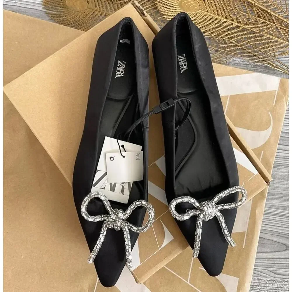 ZARA Rhinestone Bow Pointed Toe Ballet Flats NWT Black Size 7.5
